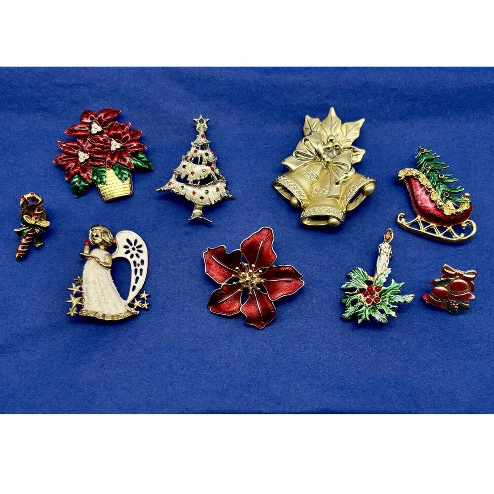 Lot of Nine Vintage Christmas Brooches Pins Lapel Pin Gerry's Avon BJ & Unmarked